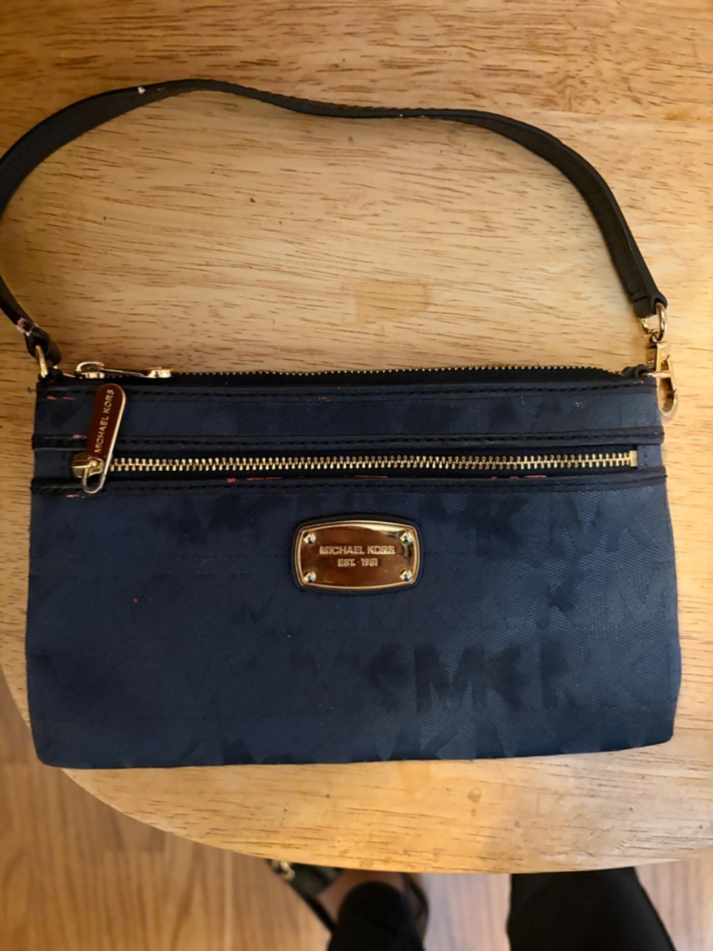 Michael Kors Navy Logo Wristlet with Gold Hardware